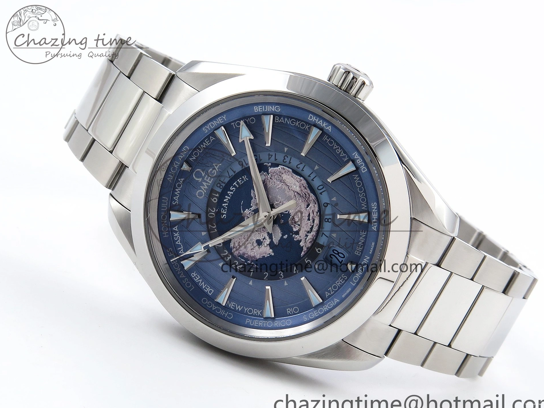 0109 Aqua Terra GMT Worldtimer 43mm VSF 1:1 Best Edition Summer Blue Dial on SS Bracelet A8938 Super Clone FashionForward 7720